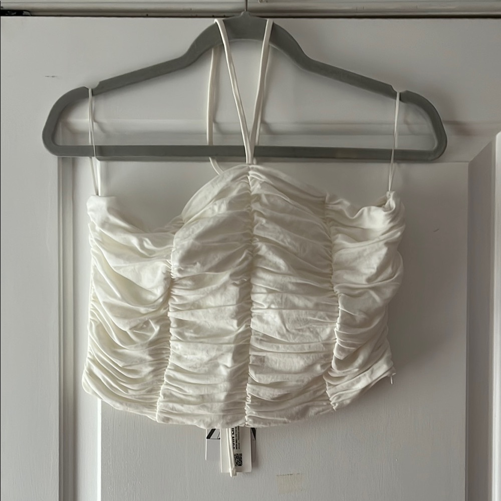 Zara White Ruched Halter Crop Camisole
